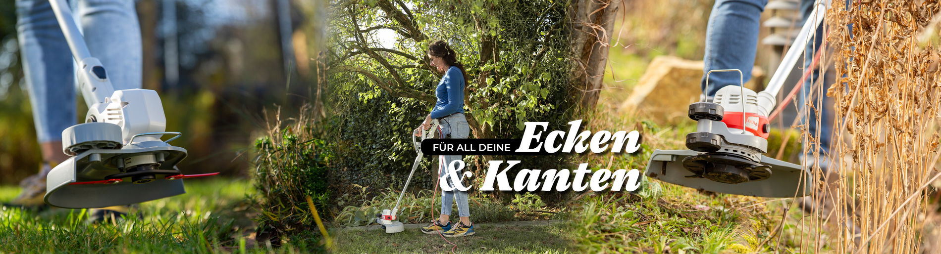 Trimmer mitt Faden und Spule und eine Frau die Rasenkannten trimmt